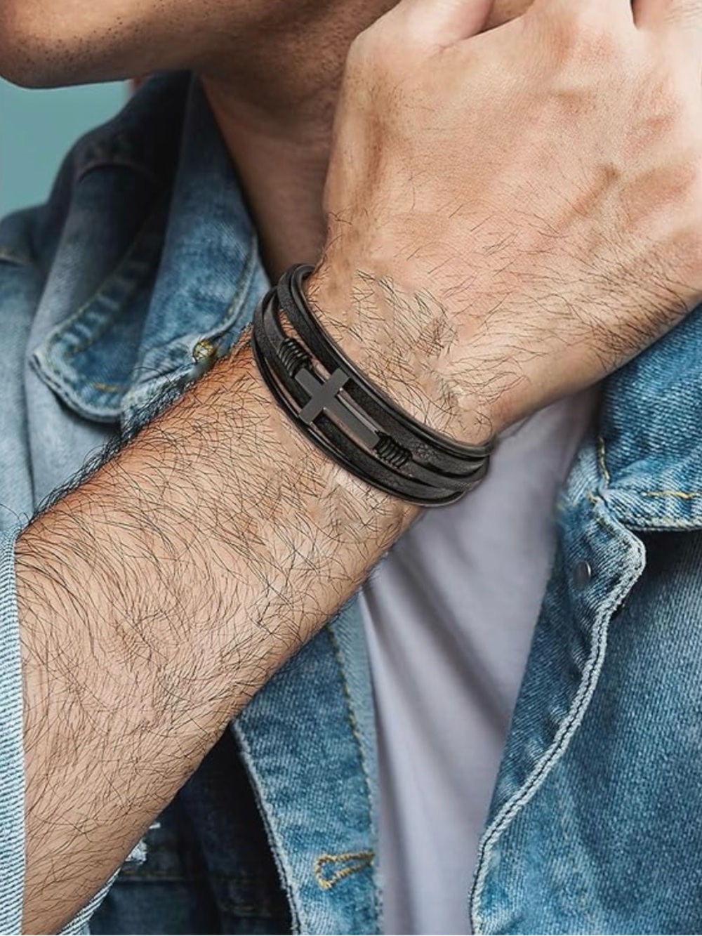 Genuine Leather Men’s Multi-Strand Braided Cross Christian Faith Bracelet Black